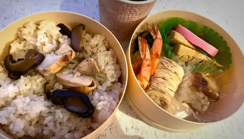 A delicious ekiben, meaning train bento, with rice, chicken, mushrooms, shrimp, and other treats, perfect for a journey.