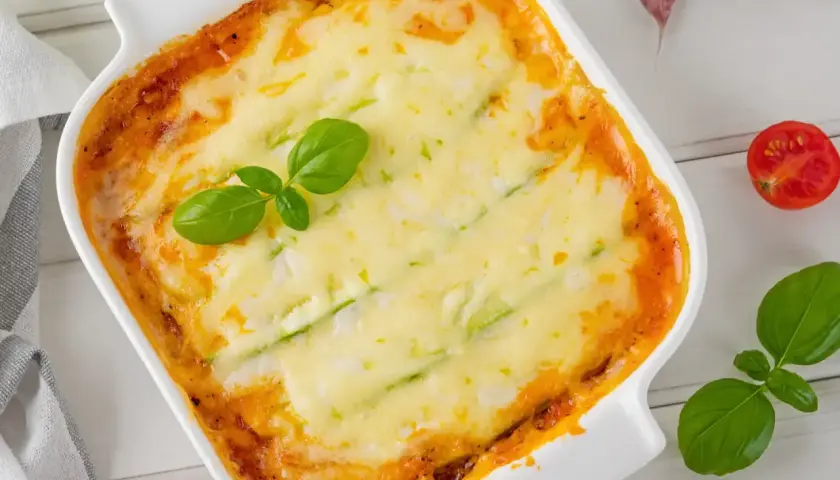 Lasagnes de courgettes sans pâtes, gratinées et dorées, garnies de basilic frais. Un délice léger et savoureux.