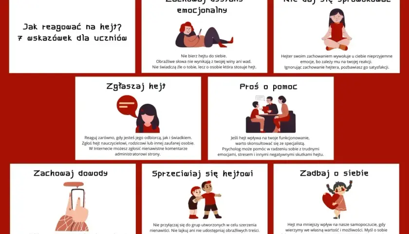 Jak reagować na hejt w internecie? 7 wskazówek dla uczniów: zachowaj dystans, nie daj się sprowokować, zgłaszaj, proś o pomoc, zachowaj dowody, sprzeciwiaj się, zadbaj o siebie.