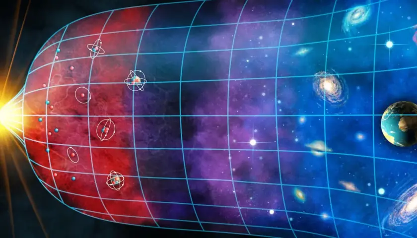 Wizualizacja **holograficznego wszechświata**: od atomów po galaktyki, wszystko w siatce czasu i przestrzeni.