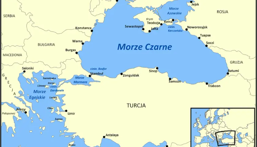 Mapa pokazuje, gdzie leży Morze Marmara, połączone cieśninami Bosfor i Dardanele z Morzem Czarnym i Egejskim.