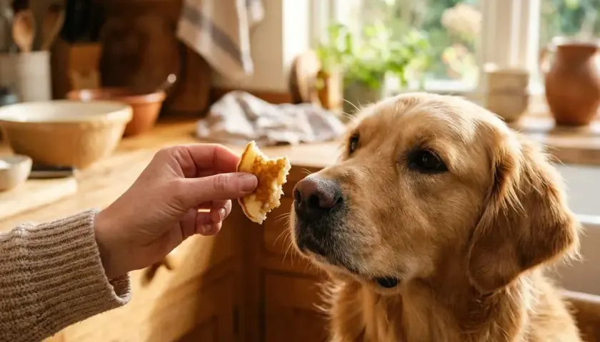A golden retriever looks intently at a piece of pancake offered by a hand, raising the question: can dogs eat pancakes?