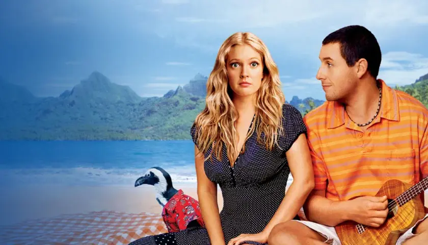 Drew Barrymore i Adam Sandler, czyli 50 pierwszych randek obsada, siedzą na plaży z pingwinem.