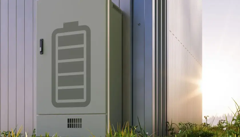 Ein moderner Batteriespeicher steht im Freien. Das Symbol einer vollen Batterie ist auf der Seite angebracht, was auf einen erfolgreichen batteriespeicher test hindeutet.