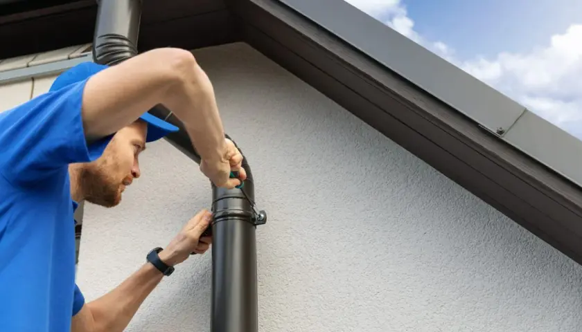 Handwerker repariert ein Fallrohr, das im Boden undicht ist.