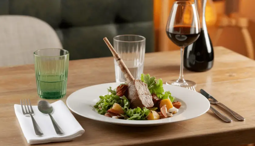 Un gigot d'agneau avec flageolets, servi avec un verre de vin rouge. Un plat parfait pour un repas savoureux.