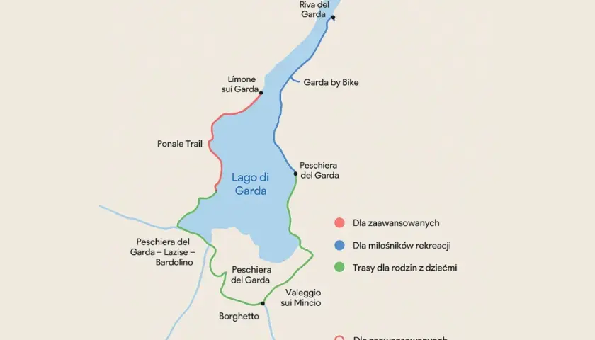 Mapa szlaków wokół garda miasto. Kolory oznaczają trasy dla zaawansowanych, rekreacyjne i rodzinne.