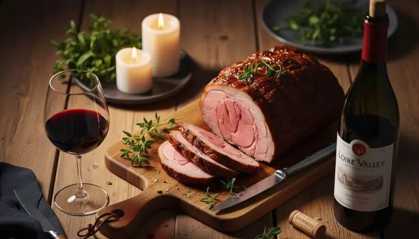 Un rôti de porc juteux, tranché sur une planche en bois, avec un verre de vin rouge et une bouteille de Loire Valley. La question "quel vin avec rôti de porc" trouve ici une réponse visuelle.