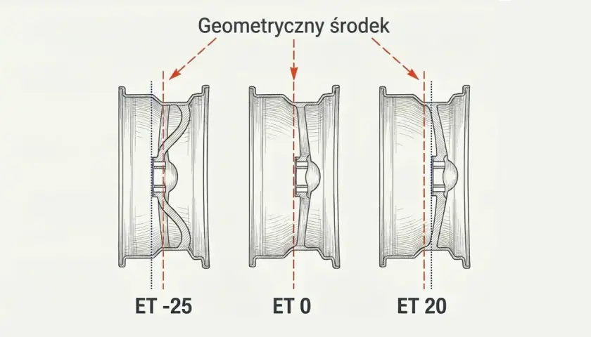 Ilustracja pokazuje trzy felgi z różnym osadzeniem ET: -25, 0 i 20. Pokazuje to, jak zmienia się geometria środka felgi.
