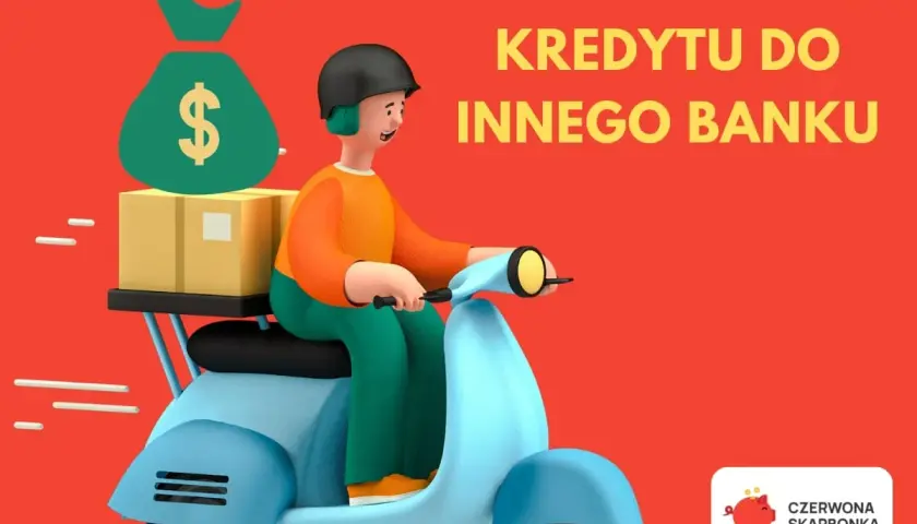 Kurier z torbą pieniędzy i paczkami na skuterze. Szybkie refinansowanie kredytu do innego banku.