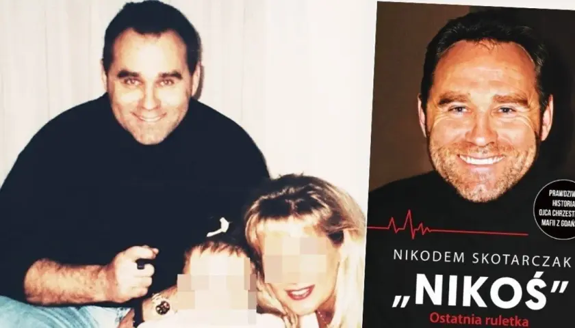 Nikodem Skotarczak z rodziną, obok okładka książki o jego życiu.