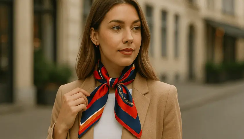 Elegancka kobieta prezentuje, jak wiązać apaszkę do płaszcza. Kolorowa apaszka z motywem łańcuszka dodaje szyku.