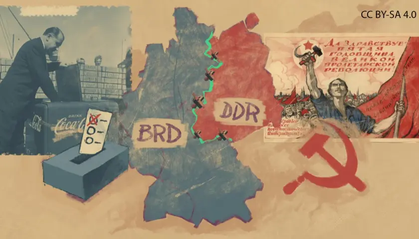 Deutschland geteilt in BRD und DDR, Symbole des Kalten Krieges: Wahlurne, Coca-Cola, sowjetische Propaganda.