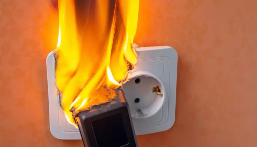 Płonąca wtyczka w gniazdku elektrycznym. Widoczny zwarcie elektryczne, które spowodowało pożar.