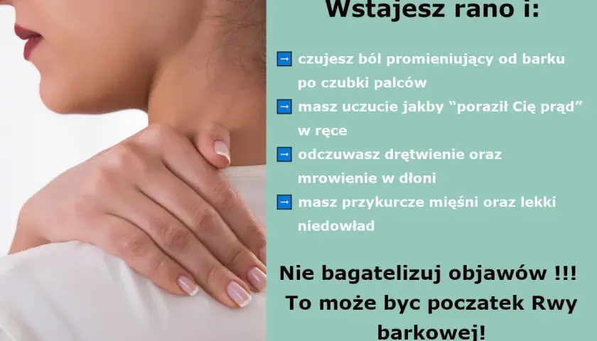 Ból promieniujący od barku po palce, mrowienie, drętwienie ręki – to mogą być objawy rwy barkowej. Nie ignoruj ich!