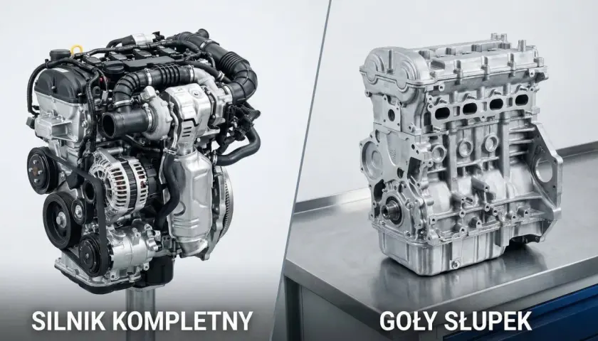 Kompletny silnik 2.0 TDI z turbosprężarką i osprzętem obok gołego bloku silnika.