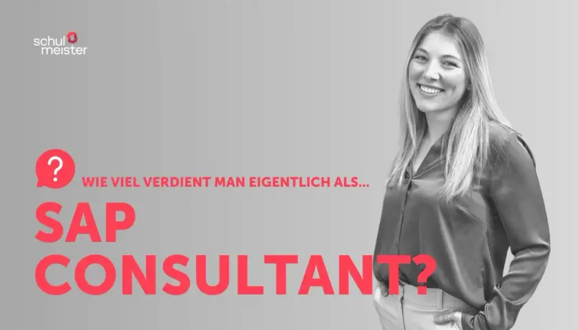 Fragezeichen-Blase neben Text: "Wie viel verdient man eigentlich als... SAP CONSULTANT?". Junge Frau lächelt. Marktforschung Jobs.