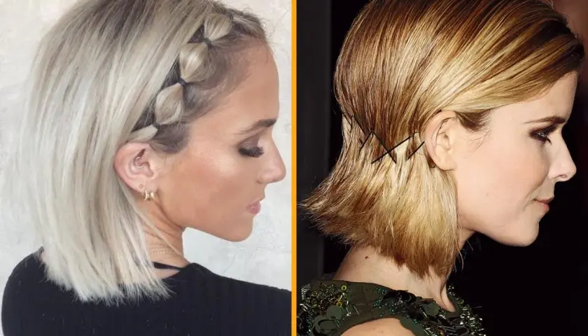 Dos estilos de peinados pelo corto: una trenza de burbujas y un recogido con horquillas cruzadas.