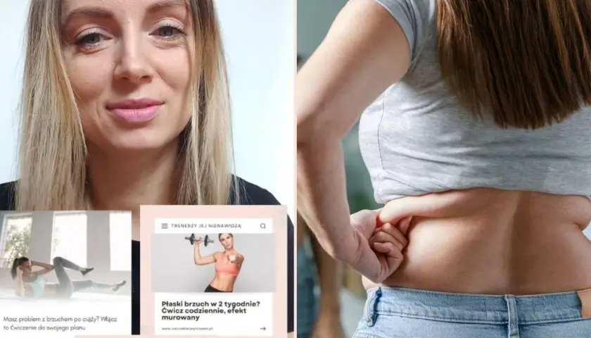 Kobieta pokazuje obwisły brzuch po ciąży. Obok grafiki z ćwiczeniami i hasłem "Płaski brzuch w 2 tygodnie?".
