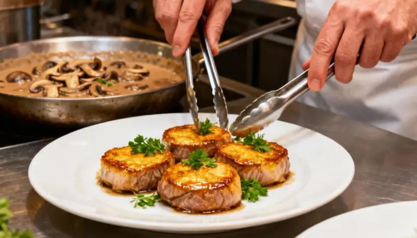Un chef dépose délicatement des médaillons de filet mignon de veau sur une assiette blanche, ornés de persil frais. Une sauce aux champignons crémeuse mijote dans une poêle en arrière-plan.