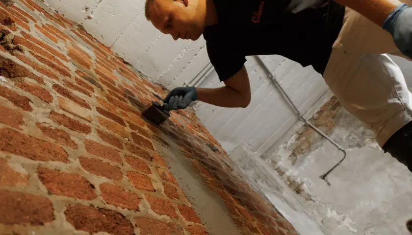 Mann mit Handschuhen trägt braune Wanne im Keller auf Ziegelwand auf.