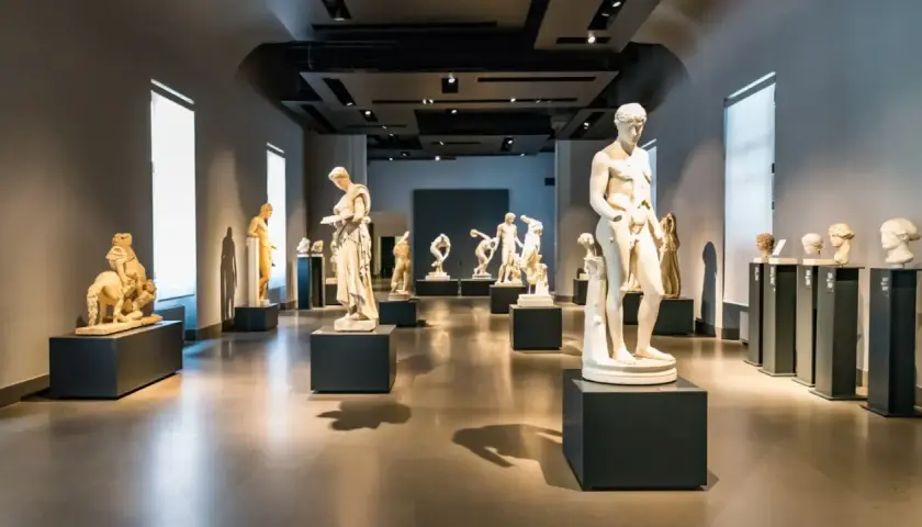 Salle d'exposition du musée national romain, remplie de statues antiques en marbre, dont des figures masculines nues et des bustes.