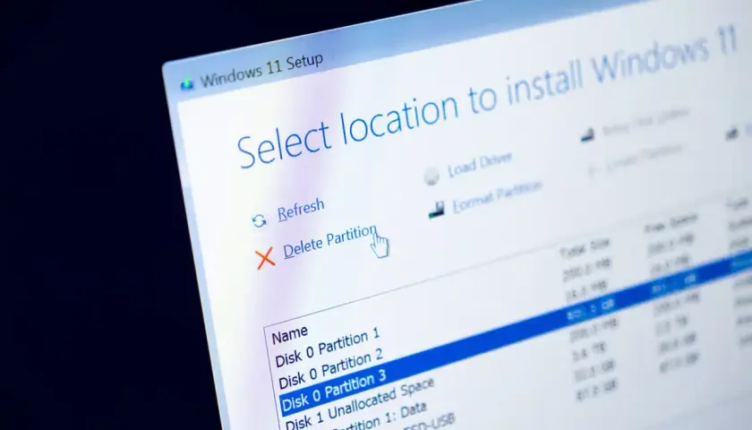 Instalacja Windows 11. Ekran wyboru lokalizacji, gdzie widać opcję "Usuń partycję". To nie jest defragmentacja dysku Windows 10, lecz przygotowanie do instalacji.
