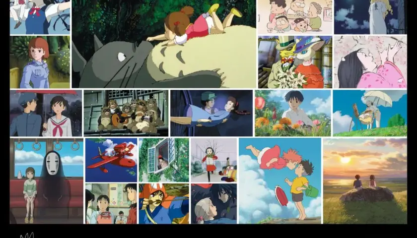 En collage med scener från filmer med Hayao Miyazaki, inklusive Totoro, Chihiro och Ponnyo.