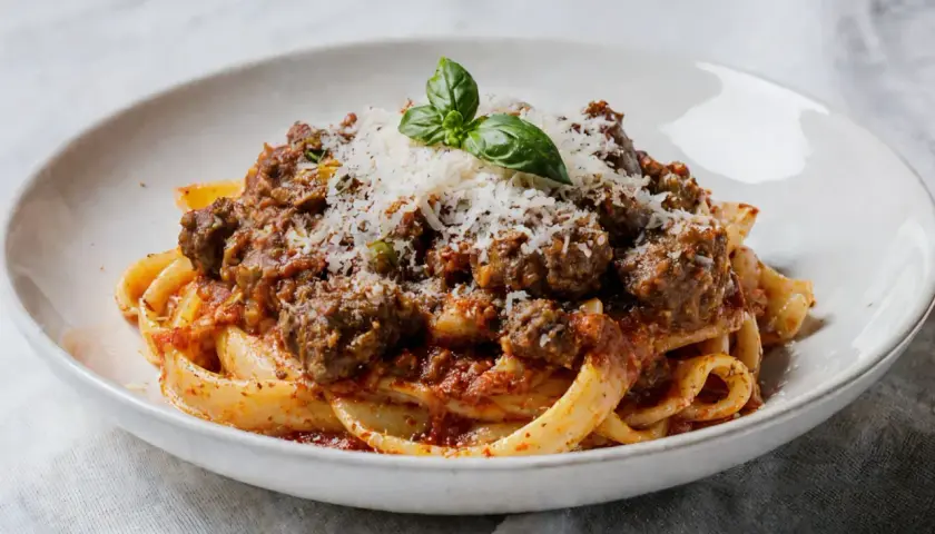 Pyszne tagliatelle z bogatym ragu mięsnym, posypane parmezanem i listkiem bazylii. Idealny przepis na ragu dla każdego.