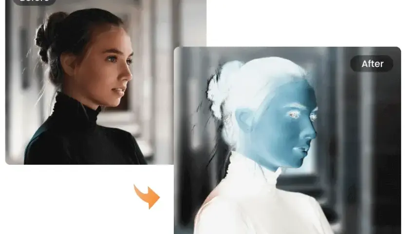 Zobacz, jak odwrócić kolory w Photoshopie. Obok oryginalnego portretu kobiety, efekt negatywu.