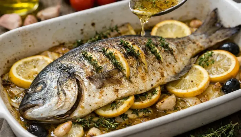 Dorade royale a la plancha, dorée et savoureuse, arrosée d'une sauce aux herbes, entourée de citrons, d'olives et d'ail.