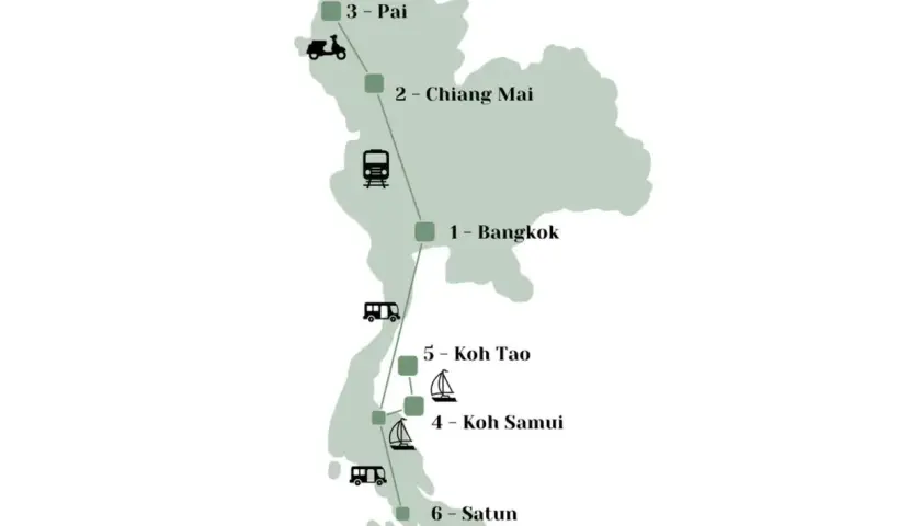 Reiseroute durch Thailand: Bangkok, Chiang Mai, Pai, Koh Samui, Koh Tao und Satun – ein Muss für jeden Thailand-Fan.