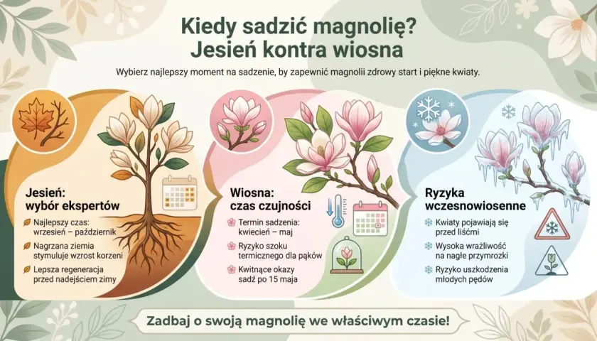 Kiedy sadzić magnolię? Jesień to wybór ekspertów, bo nagrzana ziemia stymuluje wzrost korzeni. Wiosną kwitnące okazy sadź po 15 maja.