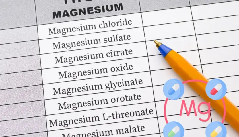 Tabela z rodzajami magnezu, w tym glicynian magnezu na co jest stosowany. Długopis i ikony tabletek.