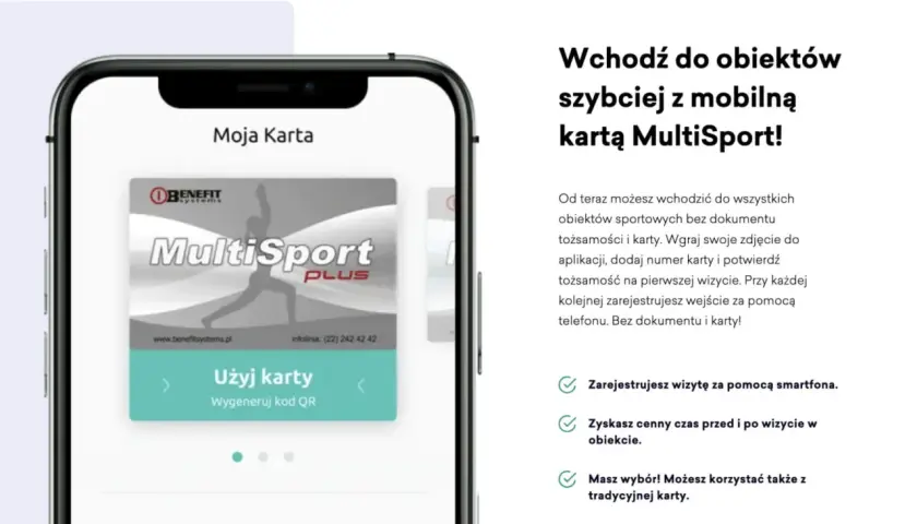 Ekran smartfona z aplikacją MultiSport i wirtualną kartą.