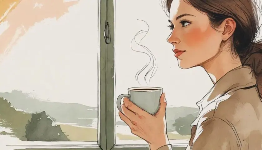 Una donna con una tazza di caffè fumante guarda fuori dalla finestra, un momento di pace che contrasta con il significato della vita frenetica.