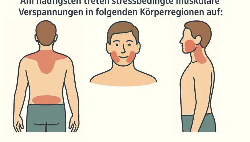 Osteopathie bei Verspannungen: Illustrationen zeigen häufig betroffene Körperregionen wie Nacken, Schultern, Rücken und Kiefer.