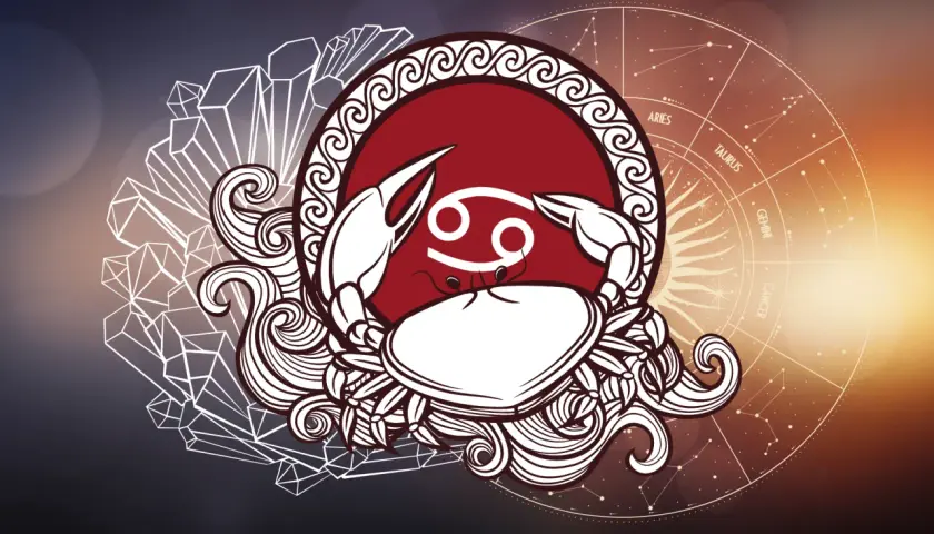 Rak, czerwiec znak zodiaku, otoczony kryształami i kołem zodiaku.