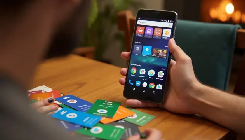 Chcesz wiedzieć, jak doładować Google Play? Na stole leżą karty podarunkowe, a w ręce trzymasz smartfon z otwartą aplikacją.