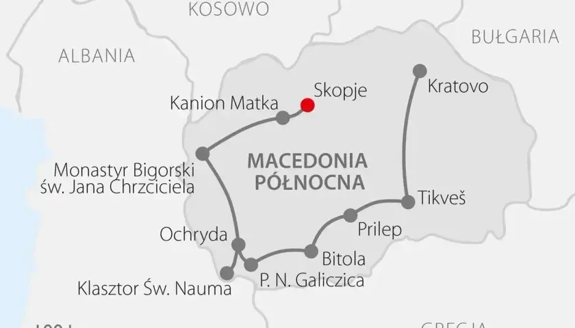 Mapa pokazuje, gdzie leży Macedonia Północna, z zaznaczonymi miastami jak Skopje, Ochryda, Bitola i atrakcjami.