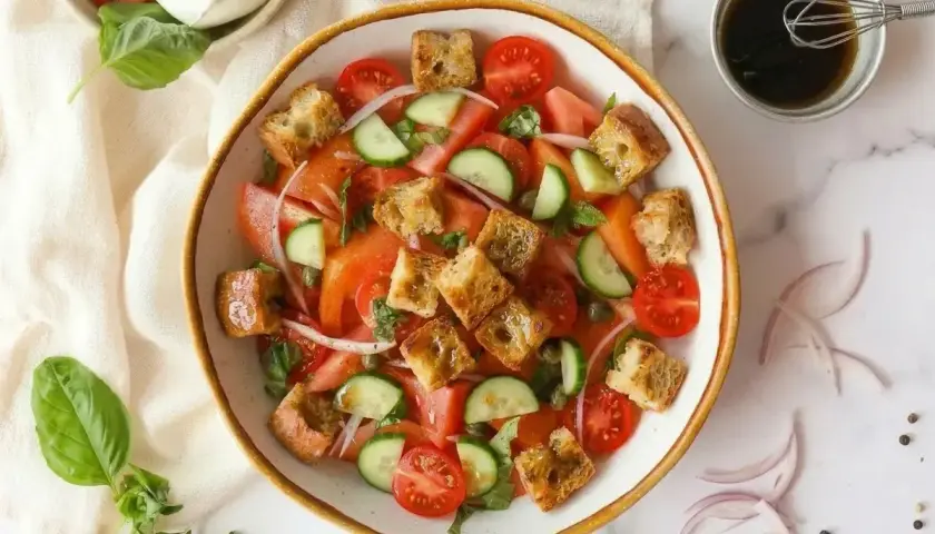Frischer Panzanella-Salat mit Tomaten, Gurken, Zwiebeln und knusprigen Croutons. Ein leichtes und leckeres Rezept für den Sommer.