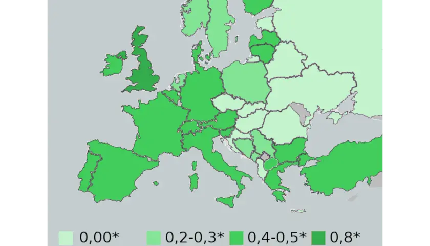 Mapa Europy pokazująca dopuszczalną ilość alkoholu we krwi. Różne odcienie zieleni oznaczają przedziały promili.