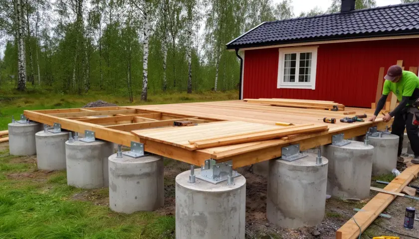 Byggnation av altan på betongplintar. Träkonstruktionen är på plats och förbereds för trall.