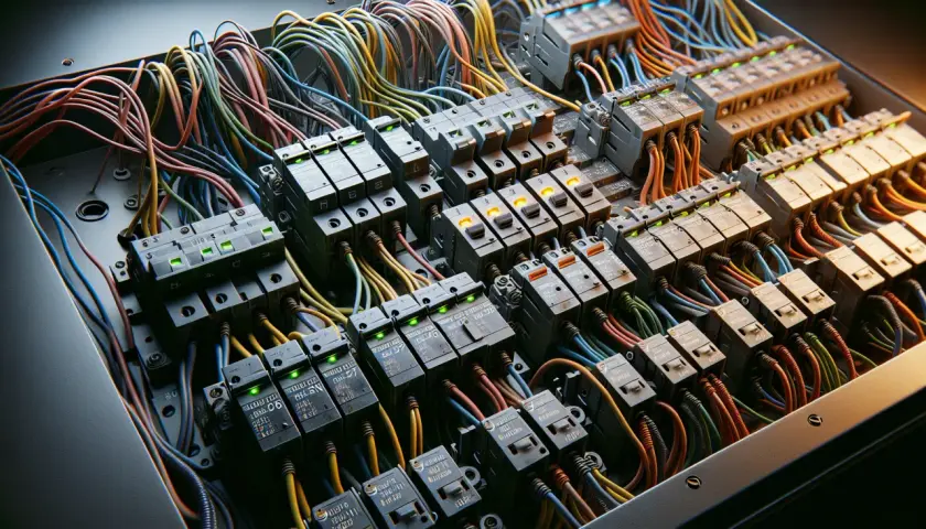 Panel z wieloma bezpiecznikami BM, różnymi rodzajami i kolorowymi przewodami.
