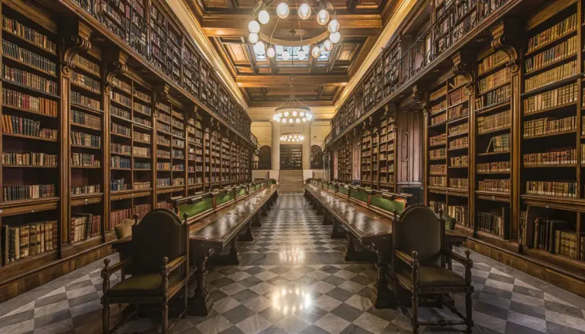 Interno della biblioteca di archeologia e storia dell'arte a Roma, con lunghe tavolate e scaffali pieni di libri antichi.
