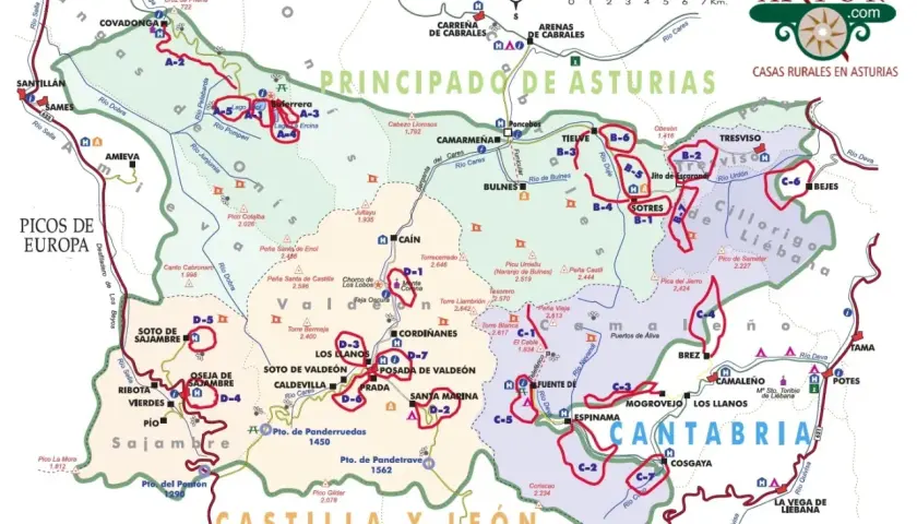 Mapa de rutas por los Picos de Europa, mostrando senderos y puntos de interés.
