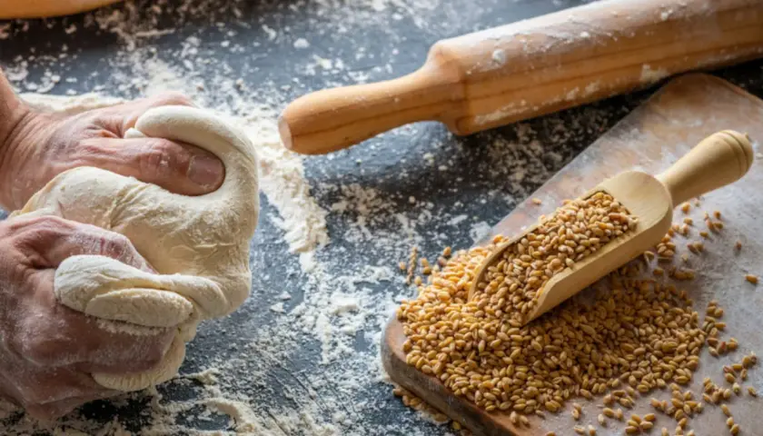 Manos amasando masa para pan de cebada. Granos de trigo en una pala de madera sobre una tabla.