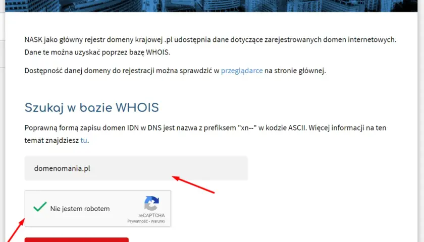 Baza WHOIS pozwala sprawdzić, kto jest właścicielem domeny. Wpisz nazwę domeny, np. domenomania.pl, i kliknij "Szukaj".