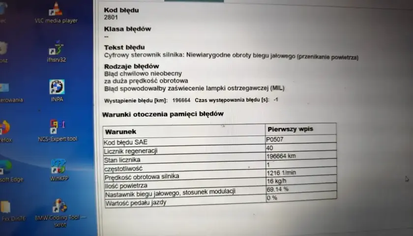 Diagnostyka DTC BMW: błąd 2801, sterownik silnika, obroty biegu jałowego, przenikanie powietrza. P0507.
