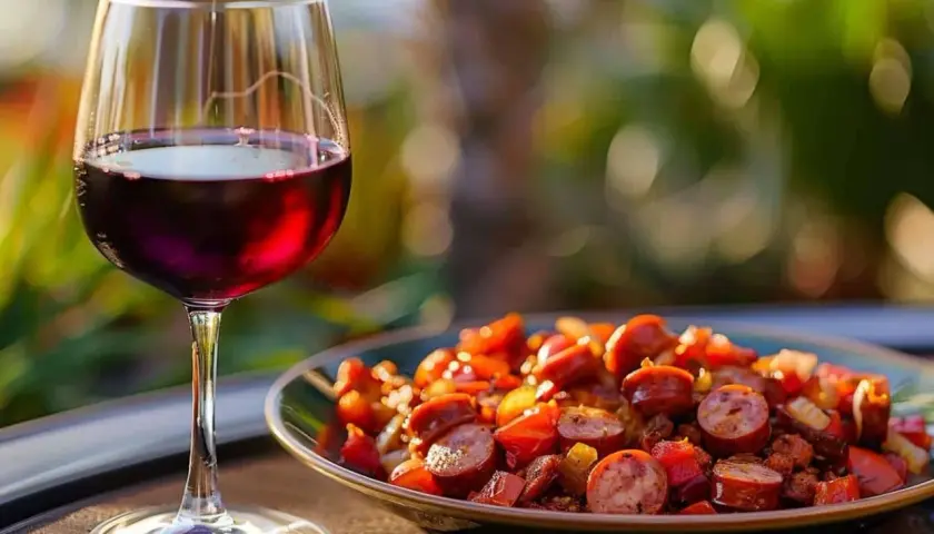 Un verre de vin rouge accompagne un plat de rougail saucisse, aux couleurs vives et appétissantes, sous un soleil doux.